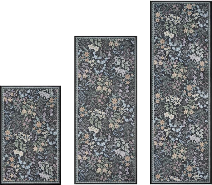 GRANNY SAYS Boho Kitchen Rug Sets of 3, Non Slip Washable Faux Wool Kitchen Mats for Floor, Thick Soft Anti-Fatigue Comfort Standing Mat Runner Rugs for Hallway Laundry Room, Black Flower