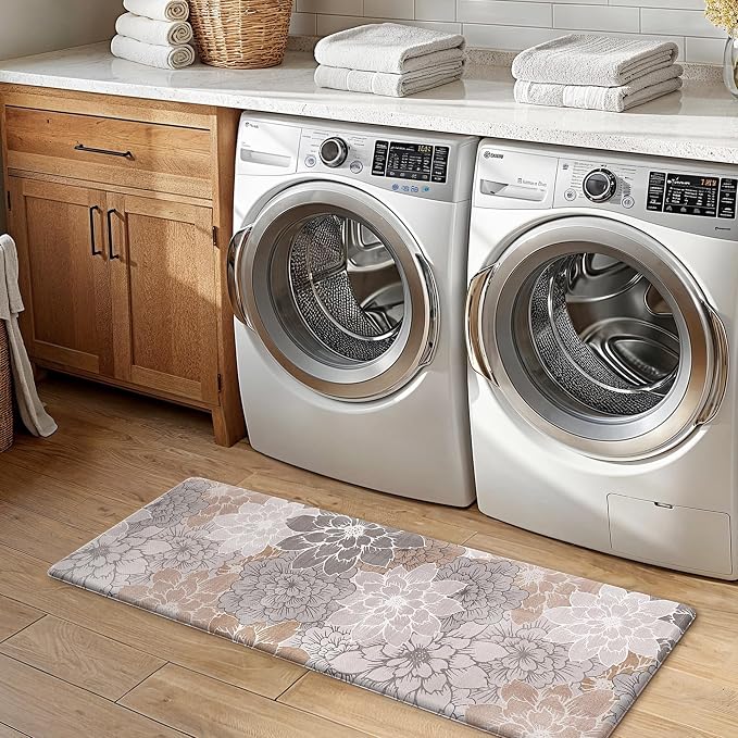 GENIMO Anti Fatigue Kitchen Mats for Floor 2PCS, Cushioned Standing Mats | 20"x32"&20"x48", Taupe Grey vintage floral rug set, waterproof, non slip, easy-clean for farmhouse