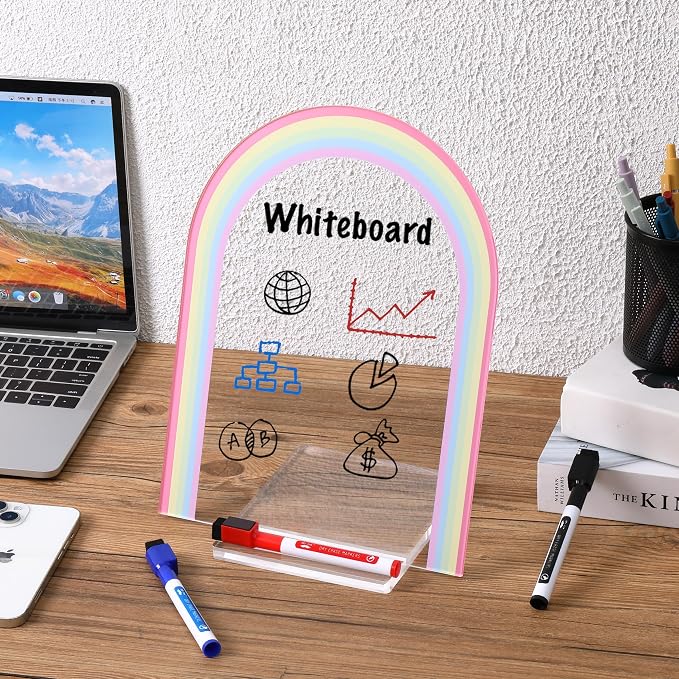 Mr. Pen- Clear Acrylic Board with Stand, 11.8" x 9", 3 Markers | Rainbow Theme, Clear Dry Erase Board for Desk