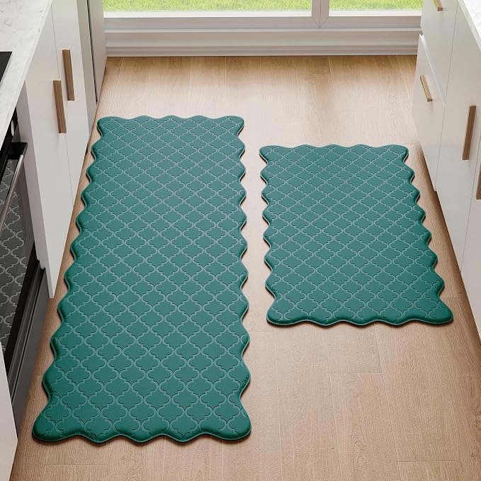 Arenarug Upgrade Scalloped Embossed Kitchen Mats for Floor 2PCS Cushioned Anti Fatigue Waterproof Foam Kitchen Rugs Non Slip Washable Comfort Standing Mat for Sink Laundry, Spruce Green