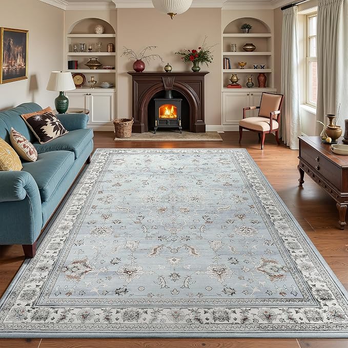 5x7 Light Blue Washable Boho Area Rug for Living Room, Vintage Floral Non Slip Bedroom Rugs, Wool Low Pile Indoor Mat, Aesthetic Pattern Carpet for Kitchen, Office and Kids Room