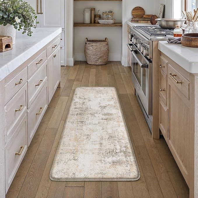 Kitchen Mats for Floor Set of 2 Thick Anti Fatigue Waterproof Kitchen Rug Beige Grey Abstract Cushioned Non-Slip Comfort Standing Mat for Sink Laundry Office 17.3"×47"+17.3"×30"