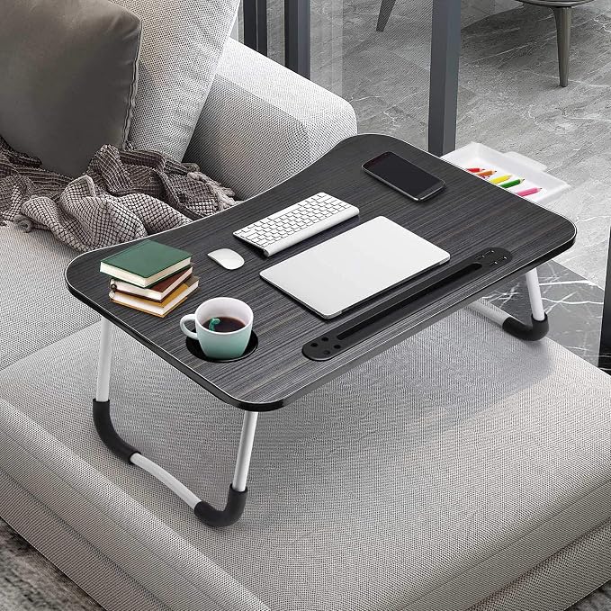 Slendor Lap Desk with Tablet Slot, Foldable Laptop Table with Storage Drawer for Bed,Portable Bed Desk for Laptop, Computer Tray with Cup Holder Notebook Stand Reading Holder for Couch Floor, Black