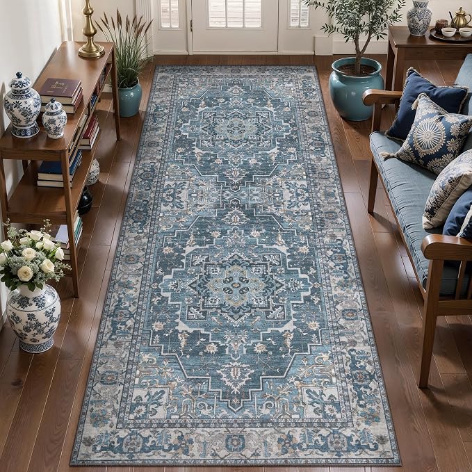 Tangsoo 2x6 Washable Runner Rug for Hallways, Non Slip Vintage Runner Rug, Soft Oriental Low Pile Long Rug Runner, Farmhouse Carpet Runners for Kitchen Bedroom Entryway Bathroom Living Room Blue Gray