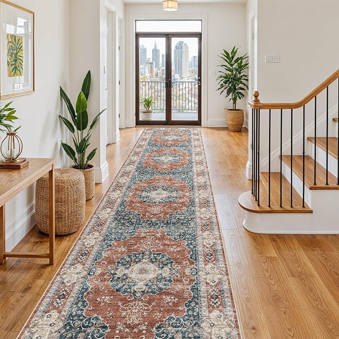 3x16 Washable Hallway Runner Rug:Oriental Indoor Kitchen Rugs Vintage Door Mat Non Slip with Rubber Backing Low Pile Thin Carpet for Bedroom Bathroom Living Room Bedside (3x16 Brick/Blue)
