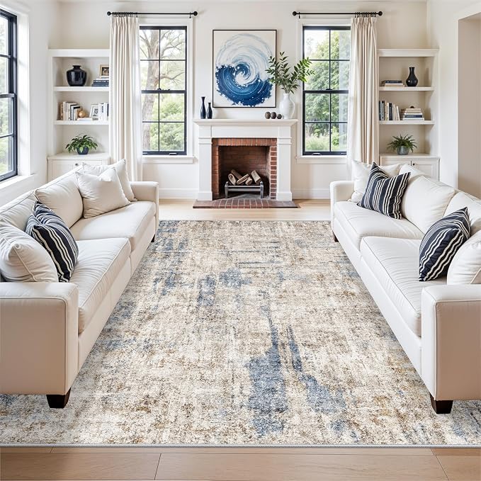 8x8 Square Area Rug Living Room – Non-Slip Washable Large Floor Carpet for Bedroom Dining Room Playroom Room – Modern Abstract Neutral Thin Low-Pile Big Indoor Rug (Blue Brown)