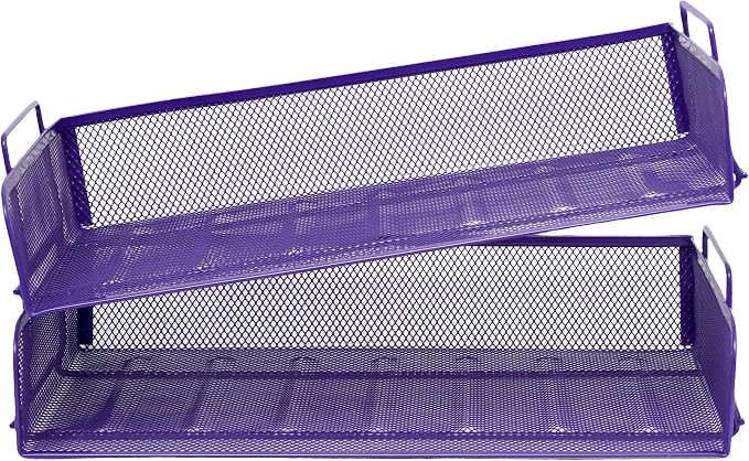 2 Pack Stackable Desk Paper Tray, Metal Mesh Desktop Document Letter File Organizer for Office Home School, 13.5'' L x 9.75'' W x 5.5'' H, Purple