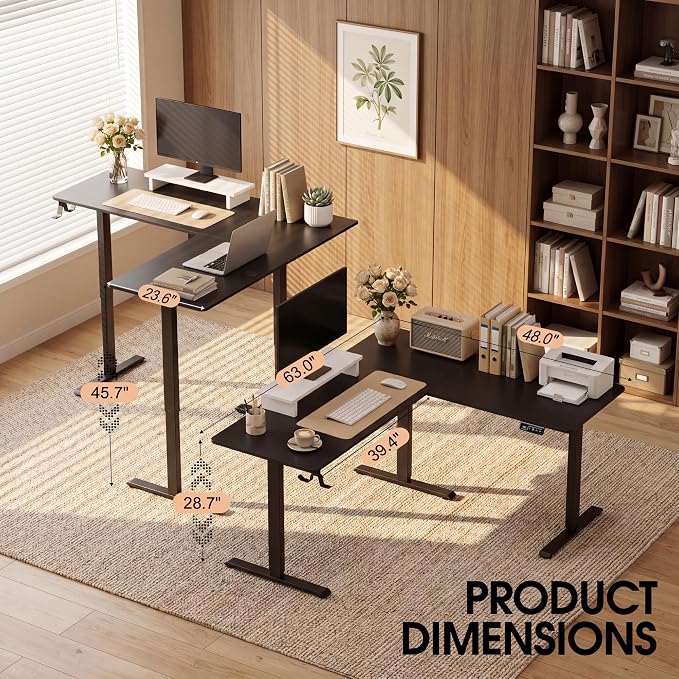 Furmax 63 x 48 Inch L Shaped Standing Desk with 2 Preset Heights, Electric Height Adjustable Computer Table, 2 Hooks & Feet Balance, Corner Sit Stand Desk for Home Office (Black, 63 x 48 Inch)