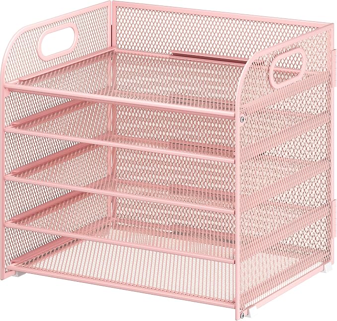 Cawukege 5 Tier Paper Organizer with Handle, Pink Metal Mesh Desk Organizer File Folder Paper Letter Tray Desktop Document Sorter for Classroom, School, Office Accessories Organization and Storage