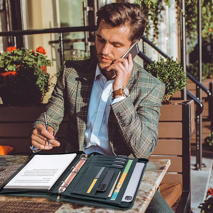 AZXCG Genuine Leather Portfolio Binder for Men& Women,Portfolio Organizer with Zipper,Leather 3 Ring Binder for iPad Pro 12.9,Business Portfolio for Men,Gift for Father's Day