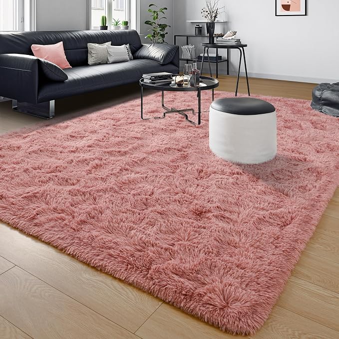 Tepook Blush Pink Area Rugs for Living Room Girls Bedroom, 5x8 Fluffy Shaggy Dusty Pink Rug for Kids Room Playroom, Plush Shag Non-Slip Carpet for Nursery Dorm Classroom, Cute Rose Beige Rug