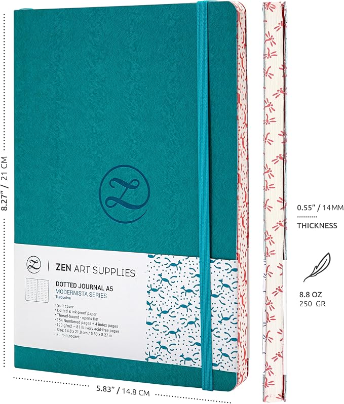ZenART Supplies A5 Bullet Journal - Enjoy Bullet Journaling with a Soft Cover, Non-Bleed Thick 120gsm Paper with Japanese Edge Motif - Turquoise Faux Leather Lay Flat Dot Notebook