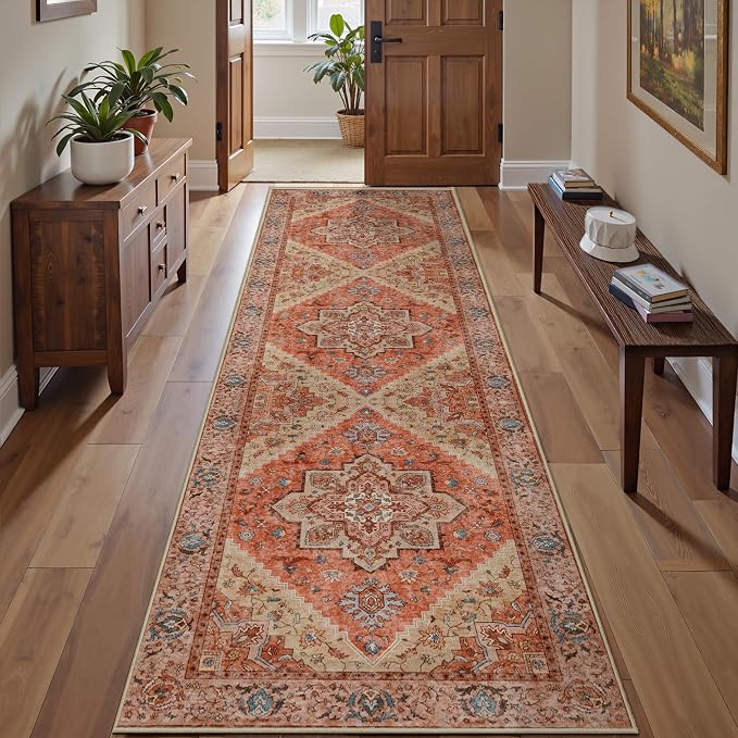 Tangsoo 2.6x10ft Hallway Runner Rug Washable Runner Rugs for Hallways, Non Slip Vintage Soft Low Pile Long Rug Runners, Oriental Carpet Runners for Kitchen Bedroom Entryway Living Room