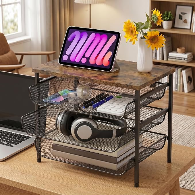 4-Tier Printer Stand for Desk with Storage Drawer Wooden Top Printer Shelf Metal Desktop Organizer Paper Organizer Printer Table for Home Office Accessories Black