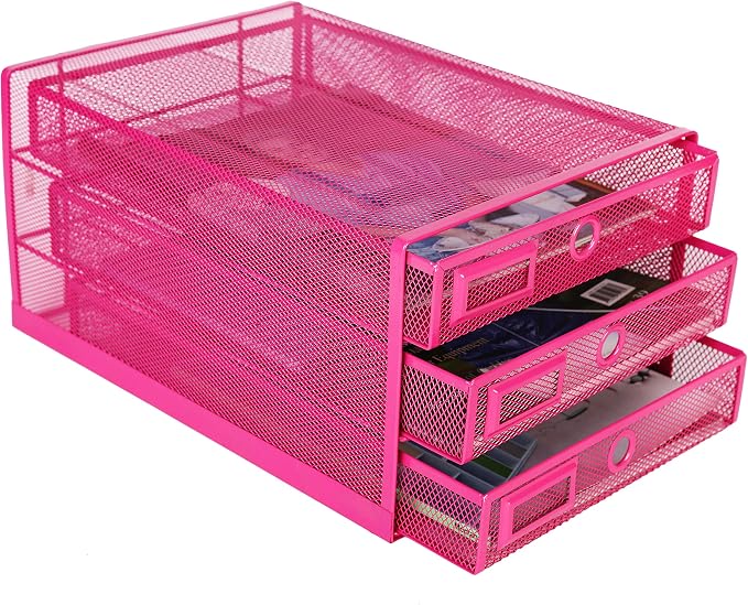 Exerz Paper Sorter 3 Drawer Wire Mesh A4 / Desk Multifunctional Desk Organiser/Multi-Layer Letter Tray - for Documents, Magazines, Notebooks and Letter (Pink)