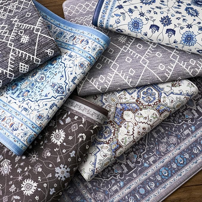 FRESHMINT Medallion Kitchen Mat Set 2 Piece, 17x30''+17x47'', Light Blue | Anti-Fatigue, Non Slip, Comfort, Kitchen Decor, Easy to Clean, Waterproof, Perfect for Kitchen, Laundry, Office