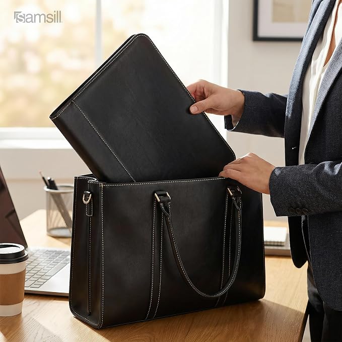 Samsill Contrast Stitch Leather Zippered Portfolio Folder/Business Portfolio for Men and Women, Resume/Document Organizer with Writing Pad, Black (71720)