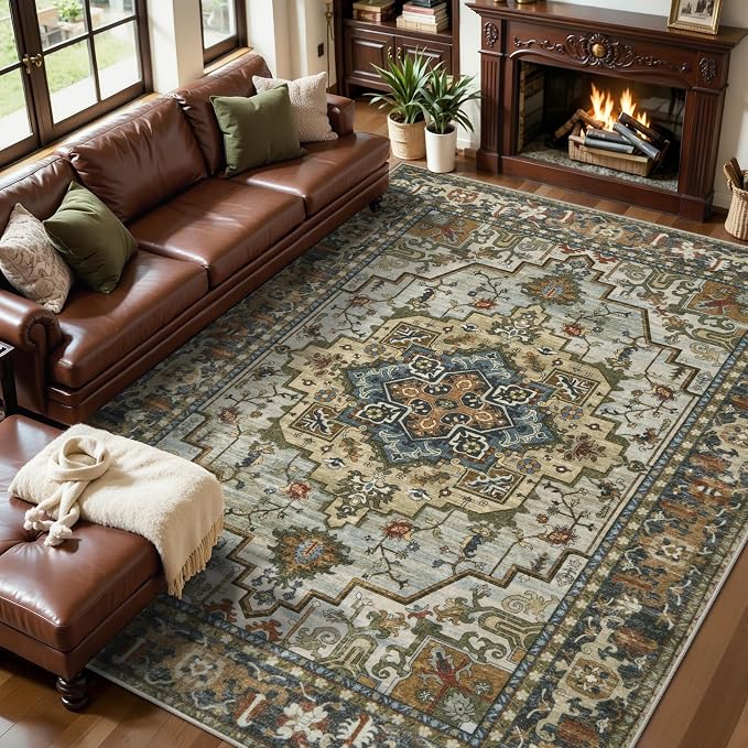 Tangsoo Vintage 5x7 Area Rug Washable Rugs for Living Room, Oriental Indoor Non Slip Large Area Rugs, Farmhouse Print Carpet, Soft Low Pile Foldable Floor Rug for Bedroom Dining Room