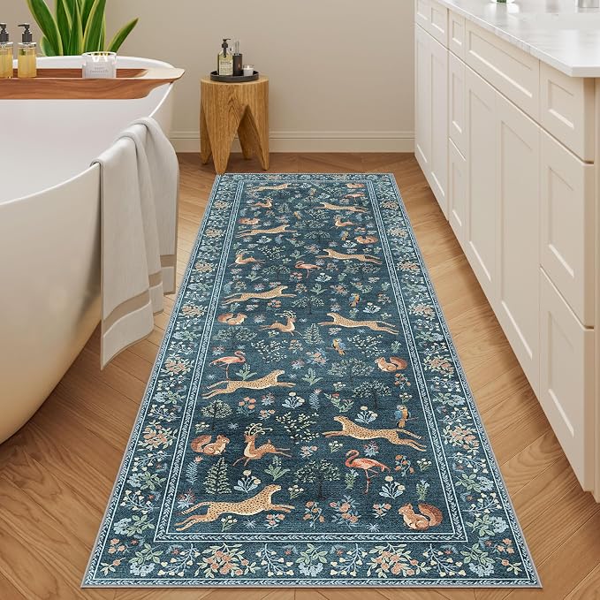 DUKINO 2.6x8 Rug for Hallway, Washable Kitchen Runner Rug with Non Slip Backing, Soft Low Pile Vintage Animal Runner for Bedroom, Kitchen, Hallway, Entryway, Laundry, Blue