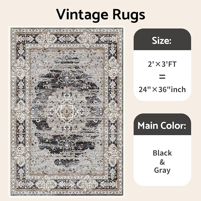 Puino Washable Entryway 2x3 Rug: Small Boho Rugs for Indoor Entrance Non Slip Backing Stain Resistant Carpet Low Pile Throw Rugs for Bedroom Bedside Inside Front Door Floor Kitchen Decor(Black,2x3FT)