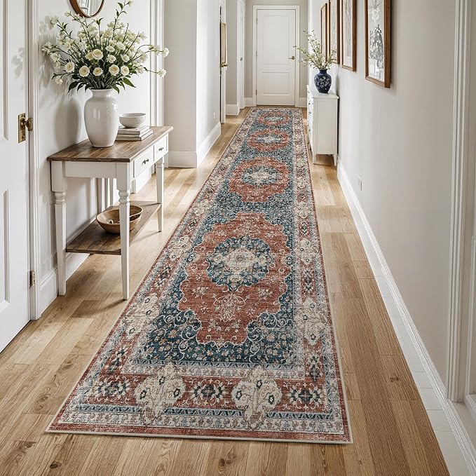 3x14 Washable Hallway Runner Rug:Oriental Indoor Kitchen Rugs Vintage Door Mat Non Slip with Rubber Backing Low Pile Thin Carpet for Bedroom Bathroom Living Room Bedside (3x14 Brick/Blue)