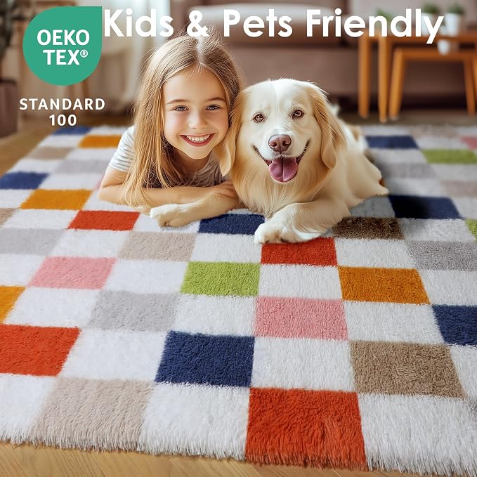 KICMOR Large 6x9 Area Rugs for Living Room, Fluffy Soft Colorful Checkered Shag Shaggy Carpet for Bedroom, Indoor Rainbow Plush Fuzzy Rug for Teen Kids Boys Girls Dorm Nursery Home Decor Aesthetic