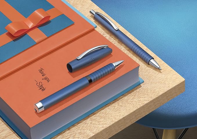 Faber-Castell Essentio Aluminum Blue Fountain Pen - Medium Nib with Black Ink - Fine Writing Instruments | Fountain pen with ergonomic grip zone made of aluminium and high-quality stainless steel nib