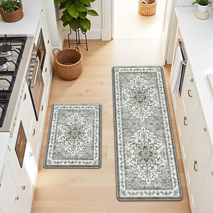 Boho Kitchen Mats for Floor 2 Piece Set Anti Fatigue Cushioned PVC Kitchen Rugs Non Slip Waterproof Farmhouse Mats 2/5 Inch Comfort Standing Mat for Laundry, 17.3"x59"+17.3"x28", Grey