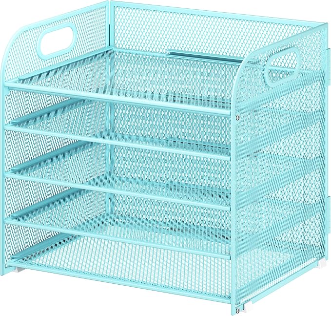Cawukege 5 Tier Paper Organizer with Handle, Blue Metal Mesh Desk Organizer File Folder Paper Letter Tray Desktop Document Sorter for Classroom, School, Office Accessories Organization and Storage
