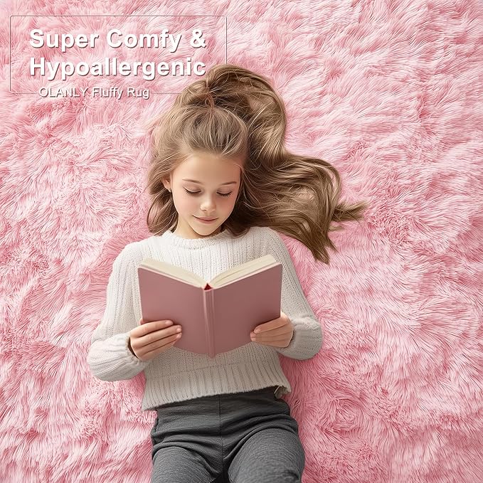 OLANLY 5x8 Machine Washable Large Area Rugs for Living Room, Bedroom, Soft Fluffy Shaggy Bedside Rug, Indoor Floor Carpet for Kids Girls and Boys, Dorms, Nursery, Home Decor Aesthetic, Pink
