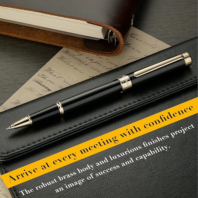 Black Lacquer Rollerball Pen - Stunning Luxury Pen, 24K Gold Plating, Schmidt Refill, Precision Flow Ink, Best Roller Ball Gift Set for Men & Women, Professional, Executive Fancy, Nice Pens