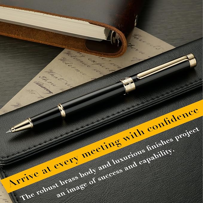 MCNTEIK Black Lacquer Rollerball Pen - Stunning Luxury Pen, 24K Gold Plating, Schmidt Refill, Precision Flow Ink, Best Roller Ball Gift Set for Men & Women, Professional, Executive Fancy, Nice Pens