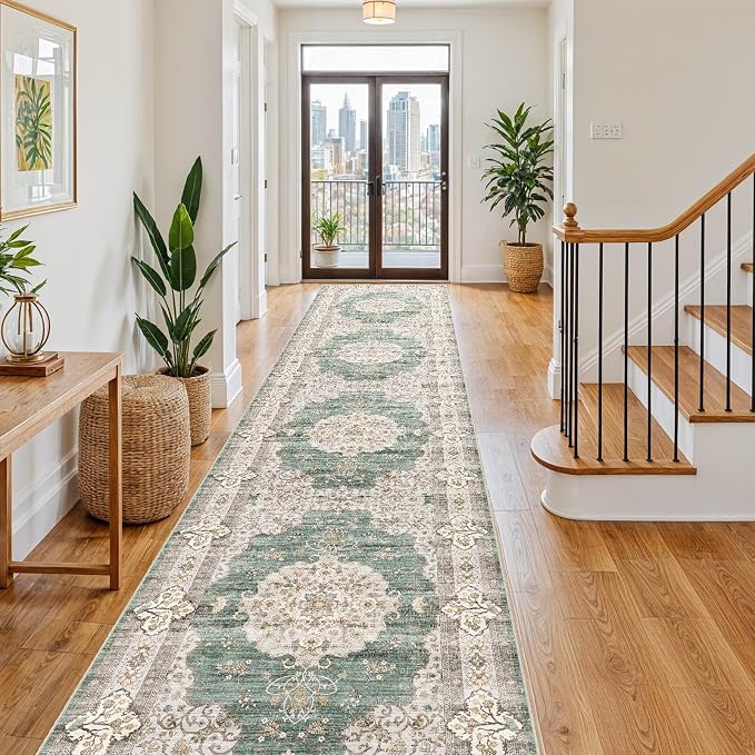 3x16 Washable Hallway Runner Rug:Oriental Indoor Kitchen Rugs Vintage Door Mat Non Slip with Rubber Backing Low Pile Thin Carpet for Bedroom Bathroom Living Room Bedside (3x16 Green/Beige)