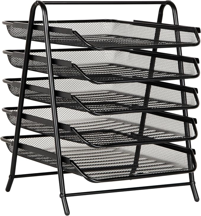 Mind Reader 5-Tier Paper Tray Organizer, Vertical Desktop File Storage Rack, Office, Metal Mesh, Black