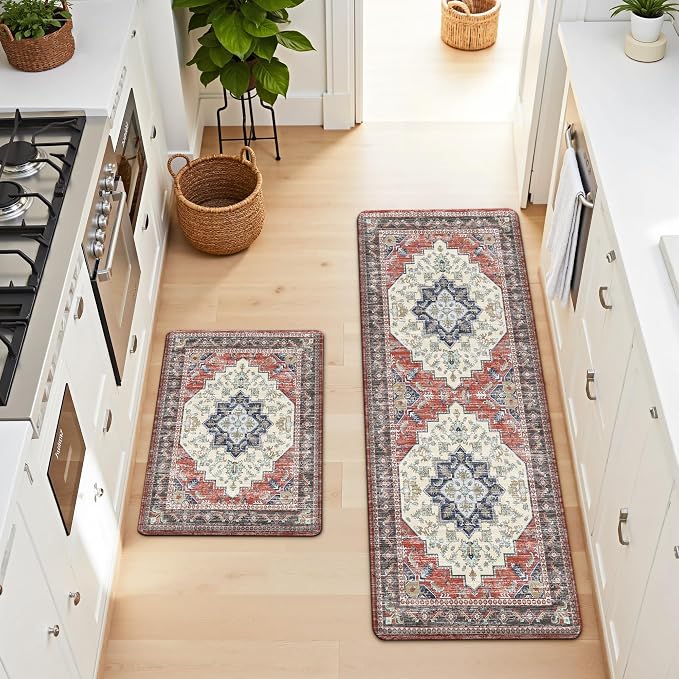 Boho Kitchen Mats for Floor 2 Piece Set Anti Fatigue Cushioned PVC Kitchen Rugs Non Slip Waterproof Farmhouse Mats 2/5 Inch Comfort Standing Mat for Sink, Laundry, 17.3"x59"+17.3"x28", Taupe Red