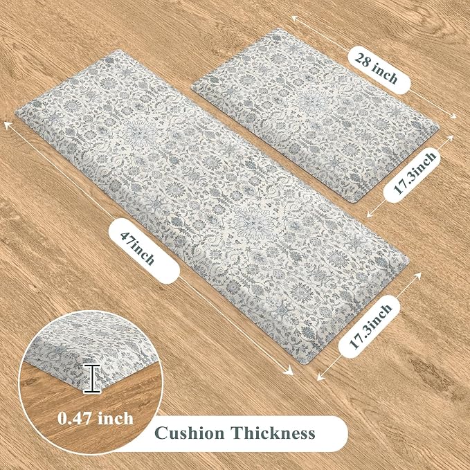 Collive Anti Fatigue Mats for Kitchen Floor, Cushioned Non Skid Kitchens Rug Sets of 2 Waterproof Padded Sink Rugs, Boho Floral Rug Comfort Standing Mat for Home Office, 17.3"x28" + 17.3"x47"