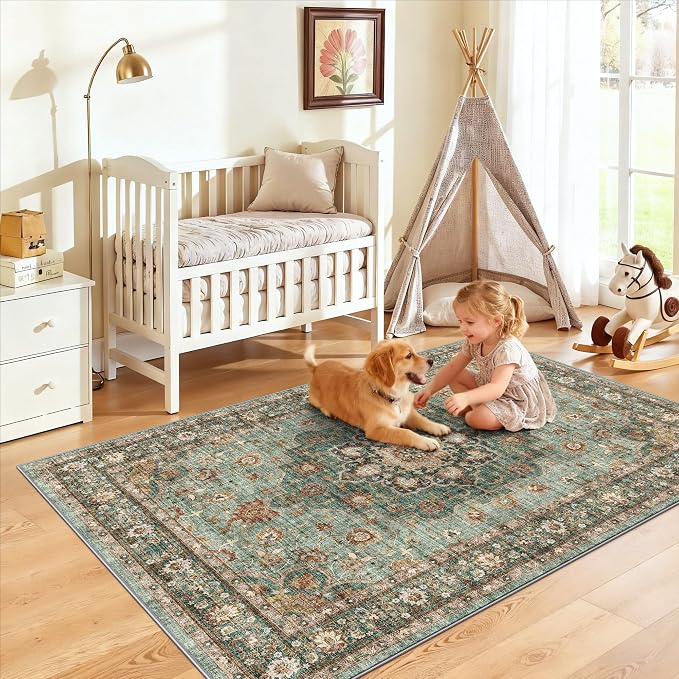 4x5 Area Rugs for Living Room: Perfect for Bedroom Kitchen Kids Room Nursery - Stain & Water Resistant Non-Slip Pet & Child Friendly Vintage Carpet (Green, 4x5)