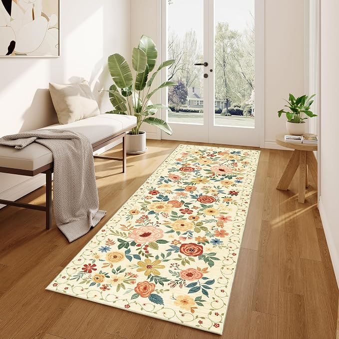 DUKINO 2x8 Runner Rug for Hallway, Washable Kitchen Runner Rug with Rubber Backing Non Slip, Low Pile Soft Boho Floral Thin Carpet for Entryway, Hallway, Bathroom, Laundry Room, Beige Yellow