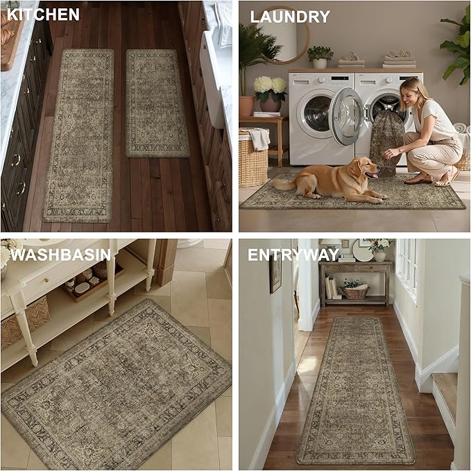 Vintage Kitchen Mats for Floor Anti Fatigue Waterproof Kitchen Rug Brown Cushioned Non-Slip Kitchen Mats Comfort Standing Mat for Sink Laundry Office 17.3"×47"