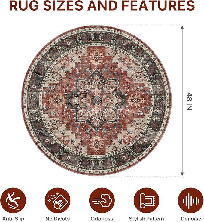 Office Chair Mat for Hardwood Tile Floor, Under Desk Carpet Protector for Rolling Computer Chair Mat, Round Washable Rugs 4ft Circle Area Rug, Anti-Slip 1/5" Thick Low Pile Thin Floor Mat, Annatto
