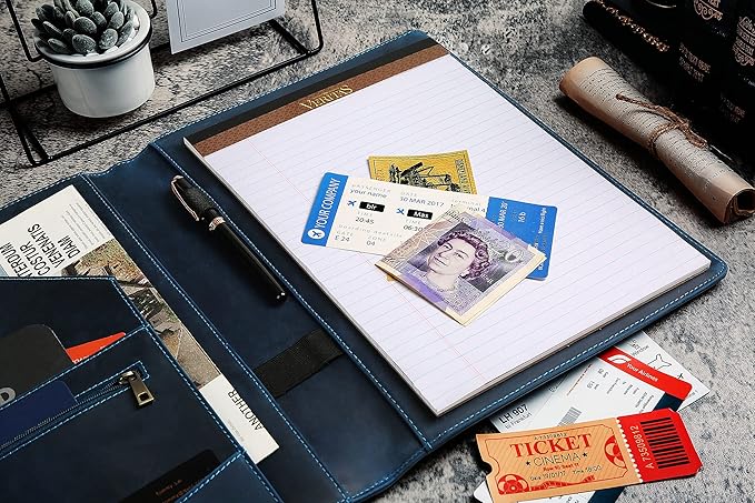 Personalized Leather Portfolio for Men, Engraved Leather Clipboard Portfolio Binder, Custom Resume Padfolio for Women, Christmas Gift for His/Her (Notepad, Blue-Custom)