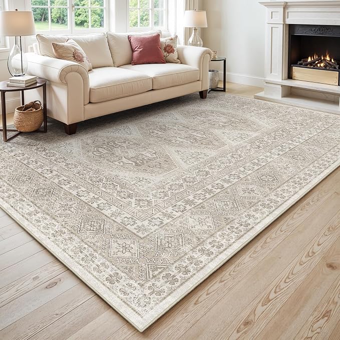 Washable Living Room Area Rug: 9x12 Large Super Soft Vintage Rugs Bedroom Oriental Indoor Rug Water Resistant Ultra Thin Carpet Non-Slip Backing Distressed Rugs for Kitchen (Beige, 9x12)