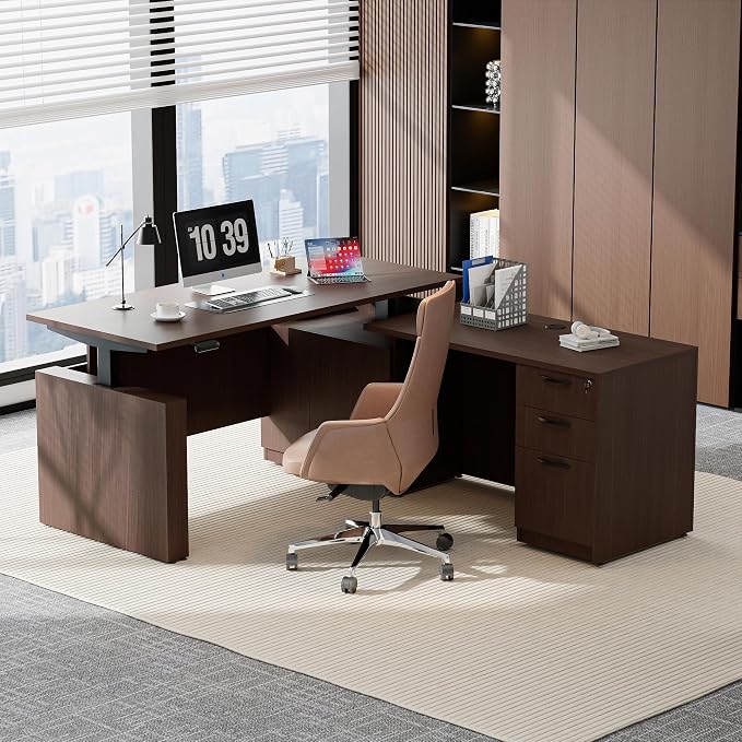 66.93" L Shaped Executive Standing Desk with Pre-Assembled Frame & Lockable Cabinets, Fixed Right-Facing Design, Dual-Motor Height Adjustable Desk for Corporate & Home Office (Espresso-Right-Fix)