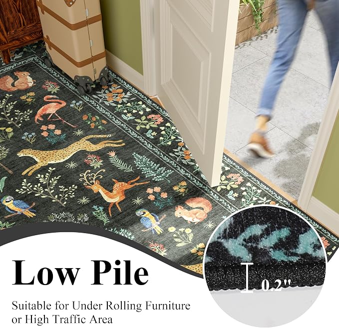 DUKINO Washable 2.6x10 Runner Rug, Non Slip Animal Print Runner Rug for Hallway, Vintage Low Pile & Stain Resistant Soft Indoor Carpet Runner for Kitchen, Bathroom, Laundry, Bedroom, Black