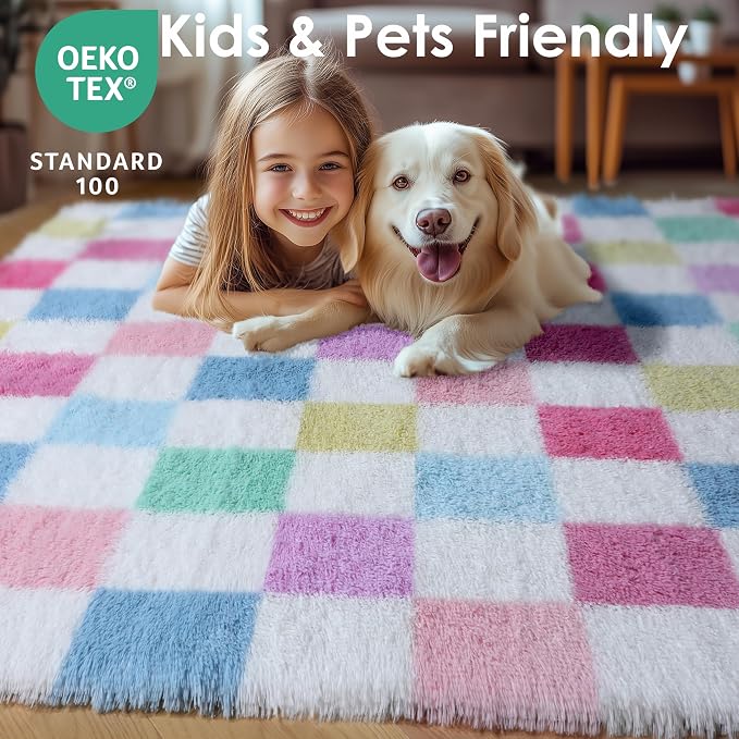 KICMOR Pink Rainbow Checkered Rug for Living Room 5x7, Fluffy Soft Colorful Area Rug Fuzzy Shag Shaggy Bedroom Carpet, Cute Indoor Plush Rugs for Teen Kids Girls Dorm Nursery Home Decor Aesthetic