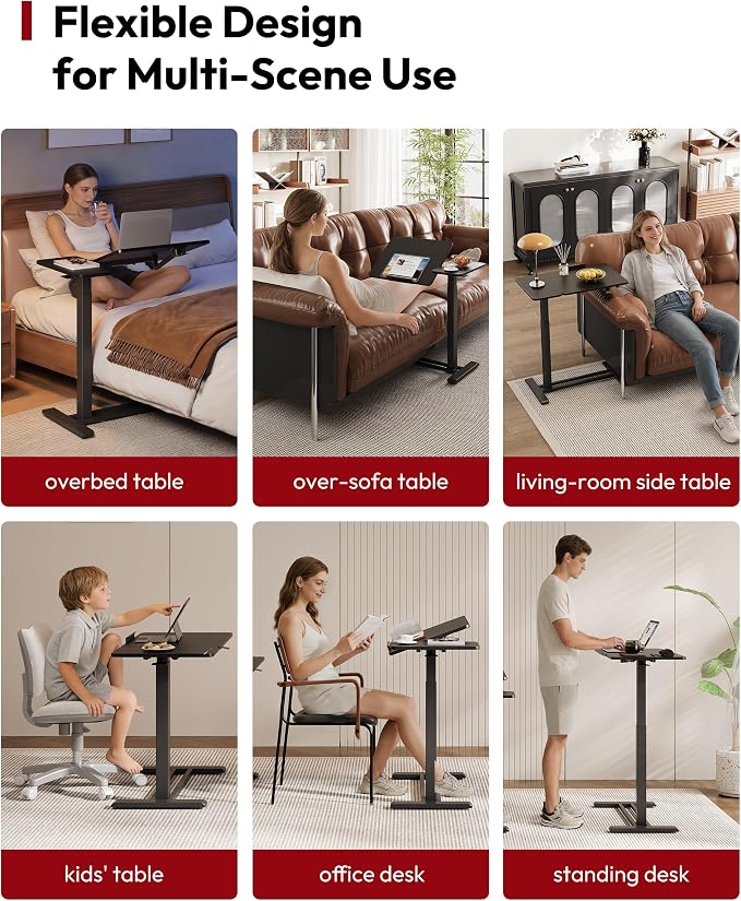SANODESK 28''Overbed Table Gas Spring Lifting with Wheels&Tilting Desktop | Rolling Mobile Laptop Desk End Table,Portable Computer Workstation for Home Office,Sofa,Bedside,27.6" W x 15.7" D, Black