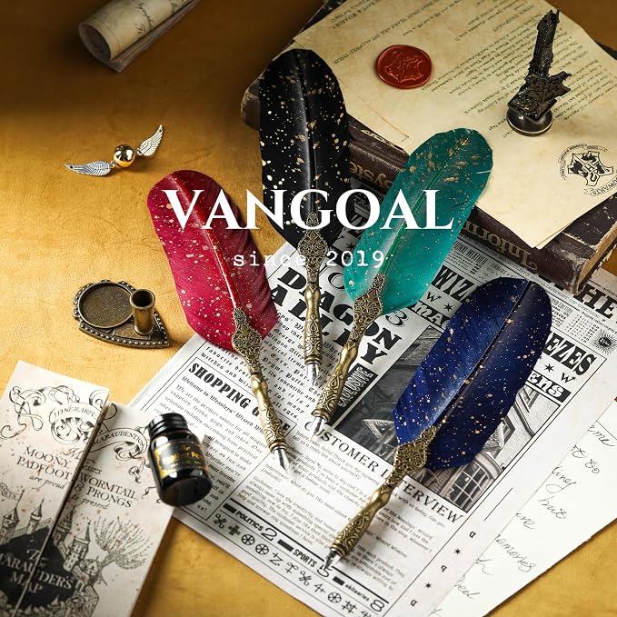 VANGOAL Vintage Carving Feather Pen Set, Glittering Quill Set Antique Calligraphy Writing Dip with Ink, 2 Replacement Nibs, Stand Base, Luxury Signature (Blue)