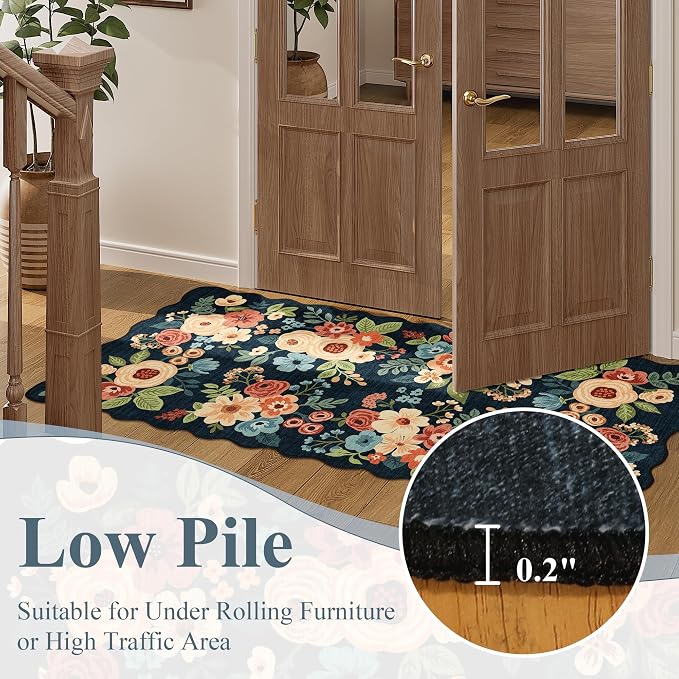 DUKINO 3x5 Area Rug, Floral Non-Slip Indoor Washable Rug with Low Pile & Non-Shedding, Lightwight Boho Design Carpet for Entryway, Bedroom, Kids Room, Living Room, Kitchen, Navy Blue