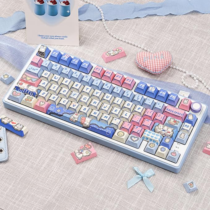 Manga Themed Keycaps 134 Key PBT Keycap Set Cherry Profile Dye-Sublimation Cute Keycaps with Denim Bunny Design for 61/87/104/108/84/64/98/96 Mechanical Keyboard