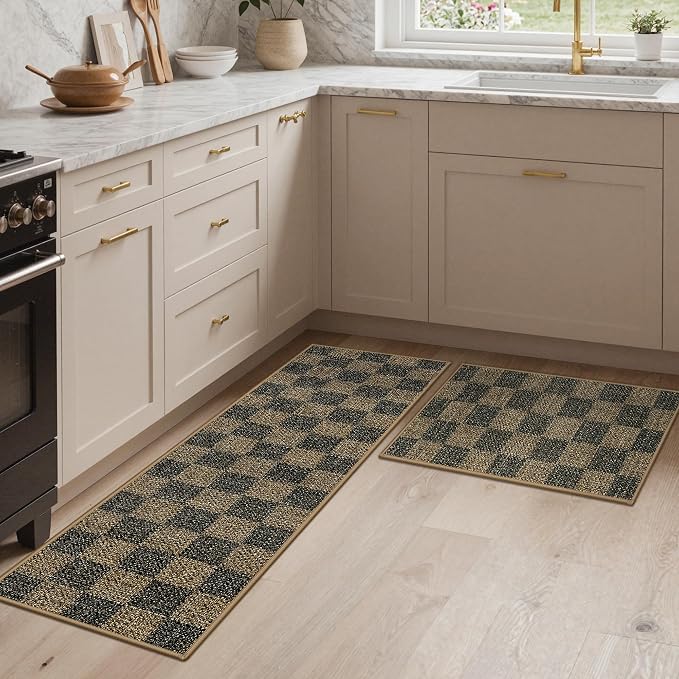 GENIMO Kitchen Rugs Set of 2, Washable Non Slip Cushioned Mats for Floor | 17.3"x59"&17.3"x30", Brown Checkered geometric rug, easy jute, easy-clean for laundry, entryway, sink, farmhouse